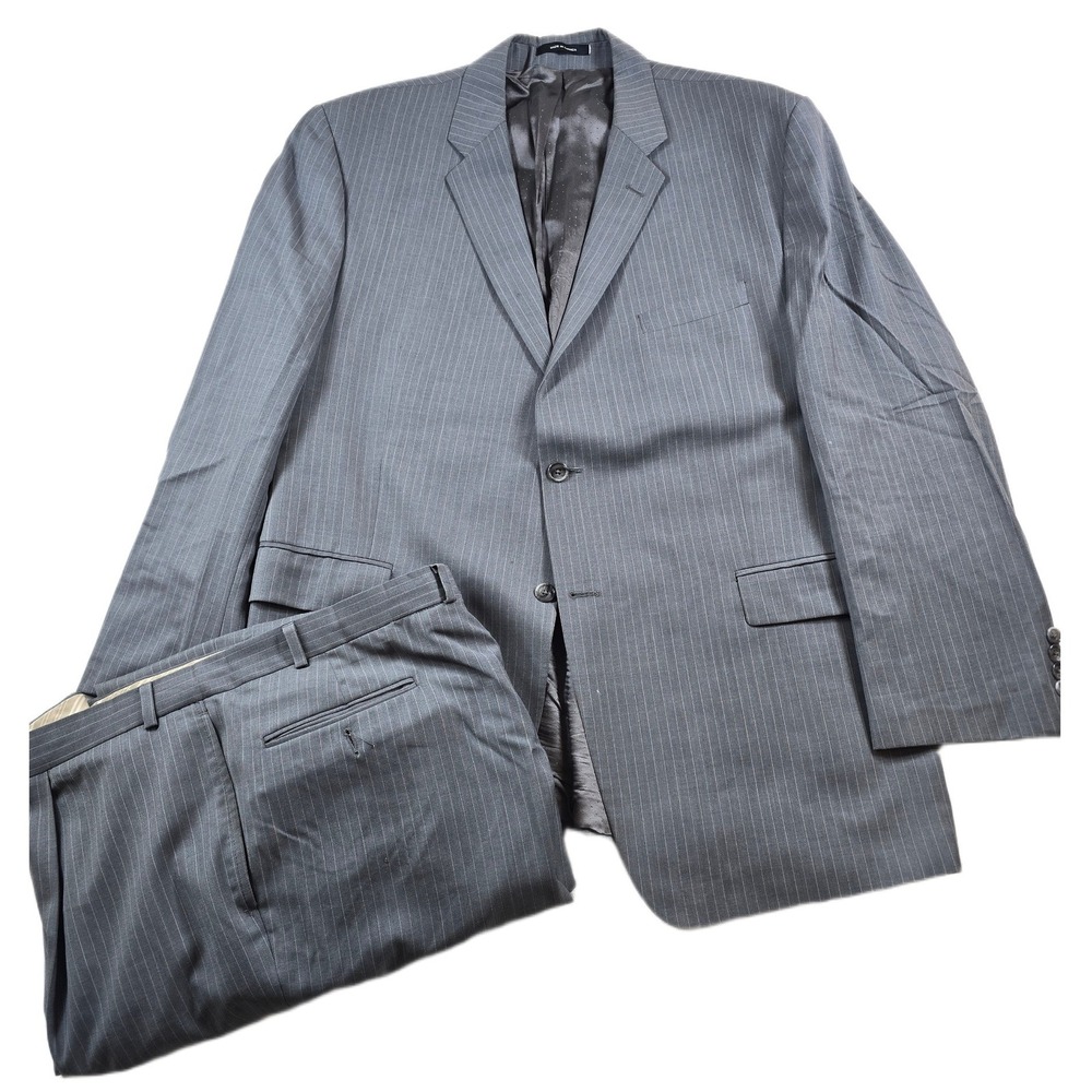 Calvin Klein Pinstripe Suit Mens 46R 2 Piece Pants 40x31 Pleated Grey 100% Wool